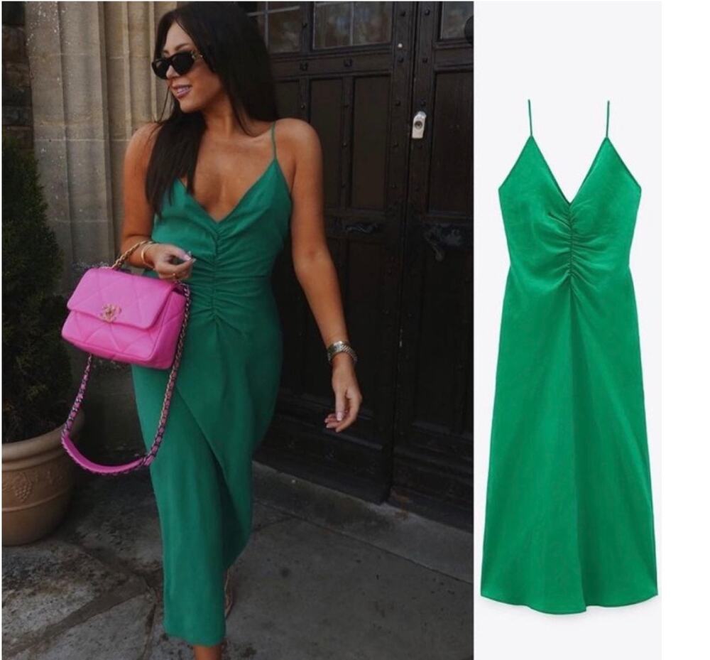 Zara Green Satin Effect Slip Dress - Women's size  XS minimalist homecoming
